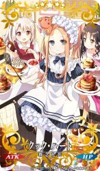 Rule 34 | 3girls, :d, abigail williams (fate), abigail williams (heart of cooking) (fate), alternate hairstyle, apron, aqua eyes, black hair, blonde hair, blouse, blue dress, blue legwear, blueberry, bottle, card (medium), chocolate syrup, copyright notice, craft essence (fate), dress, fate/grand order, fate (series), food, fruit, holding, holding bottle, holding food, holding fruit, holding plate, holding spatula, illyasviel von einzbern, illyasviel von einzbern (heart of cooking), long hair, mary janes, multiple girls, namori, official alternate costume, official art, open mouth, pancake, plate, puffy short sleeves, puffy sleeves, raspberry, red eyes, sessyoin kiara, sessyoin kiara (lily), sessyoin kiara (lily) (heart of cooking), shirt, shoes, short sleeves, silver hair, smile, spatula, squeeze bottle, strawberry, striped clothes, striped dress, tiered tray, twintails, vertical-striped clothes, vertical-striped dress, very long hair, waist apron, white legwear, white shirt, yellow eyes