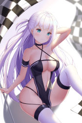 Rule 34 | 1girl, absurdres, aqua eyes, arm behind head, arm strap, arm up, armpits, ass, azur lane, bare shoulders, black choker, blunt bangs, blurry, blush, breasts, center opening, checkered flag, choker, cleavage, collarbone, criss-cross halter, depth of field, flag, garter straps, halterneck, highres, holding, holding flag, knee up, kotomaru (sirouko9511), large breasts, long hair, looking at viewer, mole, mole under eye, navel, one side up, parted lips, race queen, revealing clothes, shoukaku (azur lane), shoukaku (sororal wings) (azur lane), sitting, skindentation, smile, solo, stomach, straight hair, thighhighs, thighs, very long hair, white background, white hair, white thighhighs