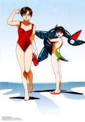 Rule 34 | 1992, 2girls, 80s, 1990s (style), barefoot, beach toys, blue eyes, brown hair, closed eyes, flip-flops, floatie, inflatable armbands, happy, izumi noa, kidou keisatsu patlabor, kumagami takeo, multiple girls, official art, oldschool, one-piece swimsuit, open mouth, orange hair, retro artstyle, sandals, short hair, smile, swimsuit, toy