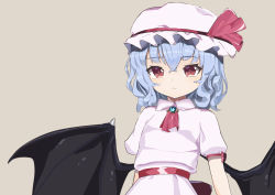 Rule 34 | 1girl, arm ribbon, ascot, bat wings, black wings, blue brooch, blue hair, brooch, collared shirt, dress, expressionless, frilled hat, frills, gennkimaru11, grey background, hair between eyes, hat, hat ribbon, jewelry, looking at viewer, pink dress, pink hat, red eyes, red ribbon, remilia scarlet, ribbon, sash, shirt, solo, touhou, wings