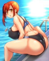 Rule 34 | 1girl, ass, blush, breasts, competition swimsuit, covered erect nipples, female focus, from behind, hair bobbles, hair ornament, huge breasts, looking at viewer, looking back, nanashi mushi, on ground, one-piece swimsuit, open mouth, orange hair, original, pool, nanashi mushi, side ponytail, sitting, solo, swimsuit, water, yellow eyes