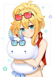Rule 34 | 1girl, absurdres, alternate costume, alternate hairstyle, aqua eyes, blonde hair, blush, commission, crop top, eyewear on head, hemmmlock, highres, holding, holding stuffed toy, hoshino char, hug, looking to the side, pout, red shirt, shirt, solo, star (symbol), stuffed toy, sunglasses, tsunderia, virtual youtuber