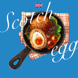 Rule 34 | blue background, egg (food), food, food focus, food name, frying pan, highres, napkin, nasie, no humans, original, scotch egg, simple background, tomato, union jack