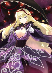 Rule 34 | 1girl, alternate costume, blonde hair, bow, breasts, brooch, butter-t, center opening, cleavage, corset, dress, female focus, gloves, hair bow, jewelry, koumajou densetsu, koumajou densetsu 2, large breasts, long hair, necklace, no bra, pointing, smile, solo, touhou, umbrella, very long hair, yakumo yukari