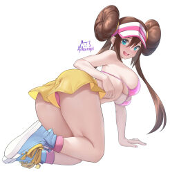 Rule 34 | 1girl, achromaru, all fours, ass, bag, bare legs, blue eyes, blush, bow, bra, breasts, bright pupils, brown hair, cameltoe, cleavage, collarbone, creatures (company), double bun, doughnut hair bun, from behind, full body, game freak, hair bun, hands up, hat, high tops, large breasts, leaning forward, long hair, looking at viewer, looking back, navel, nintendo, open mouth, panties, panty peek, pink bow, pink bra, pink panties, pokemon, pokemon (creature), pokemon bw2, rosa (pokemon), shoes, short shorts, shorts, signature, simple background, skindentation, smile, sneakers, solo, strap gap, twintails, underwear, unworn shirt, visor cap, white background, yellow shorts