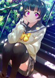 Rule 34 | 1girl, artist name, black footwear, black thighhighs, blue hair, bow, bowtie, collarbone, dutch angle, elbow on knee, hair bun, hand on own cheek, hand on own face, head rest, highres, light frown, long hair, looking at viewer, love live!, love live! sunshine!!, marshall (wahooo), miniskirt, outdoors, purple eyes, railing, school uniform, serafuku, shoes, side bun, single side bun, sitting, sitting on stairs, skirt, solo, stairs, thighhighs, tsushima yoshiko, yellow bow, yellow bowtie