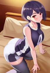Rule 34 | 1girl, all fours, ass, bare arms, bare shoulders, bed, blush, breasts, closed mouth, huyumitsu, indoors, jersey, large breasts, looking at viewer, original, purple hair, purple thighhighs, red eyes, shorts, solo, thighhighs, thighs
