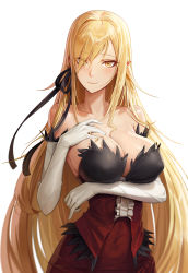 Rule 34 | 1girl, absurdres, arm under breasts, bakemonogatari, bare shoulders, black ribbon, blonde hair, breasts, closed mouth, collarbone, commentary, covered navel, cryturtle, dress, elbow gloves, eyes visible through hair, gloves, hair over one eye, hair ribbon, hand on own chest, highres, kiss-shot acerola-orion heart-under-blade, kizumonogatari, large breasts, long hair, looking at viewer, monogatari (series), oshino shinobu, pointy ears, red dress, ribbon, simple background, skindentation, slit pupils, solo, strapless, strapless dress, upper body, vampire, very long hair, white background, white gloves, yellow eyes