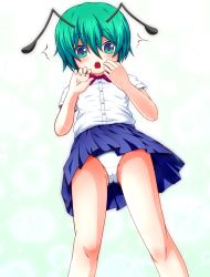 Rule 34 | 1girl, :o, ^^^, antennae, bare legs, blue skirt, blush, bow, bowtie, bubble background, cameltoe, commentary request, dress shirt, dutch angle, feet out of frame, gluteal fold, green background, green eyes, green hair, hair between eyes, hands up, highres, looking at viewer, looking down, mofupaka, open mouth, panties, pantyshot, pleated skirt, raised eyebrows, red bow, red bowtie, shirt, short hair, short sleeves, skirt, solo, standing, touhou, underwear, white panties, white shirt, wide-eyed, wind, wind lift, wriggle nightbug