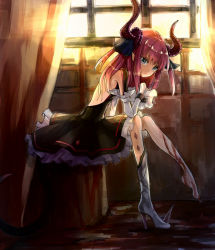 Rule 34 | 10s, 1girl, blood, blue eyes, detached sleeves, dress, elizabeth bathory (fate), elizabeth bathory (fate/extra ccc), elizabeth bathory (first ascension) (fate), fate/extra, fate/extra ccc, fate (series), highres, horns, long hair, pink hair, pointy ears, shoes, single shoe, sitting, solo, tail, two side up, zhu xiang