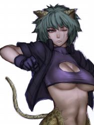 Rule 34 | 1girl, animal ears, breasts, cat ears, cat tail, cleavage, cleavage cutout, clothing cutout, fang, fumio (rsqkr), green hair, large breasts, one-eyed, scar, scar across eye, scar on face, short hair, solo, tail, underboob