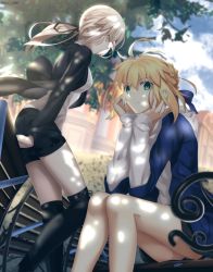 Rule 34 | 1girl, 2girls, ahoge, artoria pendragon (all), artoria pendragon (fate), bench, black camisole, black footwear, black jacket, black ribbon, black shorts, blonde hair, blue jacket, blue ribbon, boots, braid, breasts, camisole, cleavage, collarbone, dappled sunlight, fate/grand order, fate/stay night, fate (series), foo (pixiv54892036), french braid, green eyes, hair bun, hair ribbon, highres, hood, hooded sweater, jacket, jewelry, long hair, long sleeves, looking at viewer, low ponytail, multiple girls, necklace, official alternate costume, open clothes, open jacket, ribbon, saber (fate), saber alter, saber alter (ver. shinjuku 1999) (fate), short shorts, shorts, sidelocks, single hair bun, sitting, small breasts, sunlight, sweater, thighs, white sweater, yellow eyes