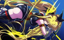 Rule 34 | 1girl, arched back, ass, bardiche (nanoha), belt, black leotard, black thighhighs, blonde hair, breasts, closed mouth, commentary request, covered erect nipples, energy blade, fate testarossa, from behind, gauntlets, hair ribbon, large breasts, leotard, long hair, looking back, lyrical nanoha, magical girl, mahou shoujo lyrical nanoha strikers, pelvic curtain, red eyes, reverse grip, ribbon, shiny clothes, shiny skin, sideways, skin tight, solo, tappa (esperanza), thighhighs, twintails, very long hair