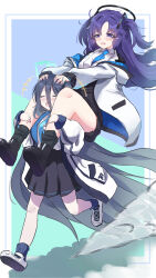 Rule 34 | 2girls, :d, ^ ^, absurdly long hair, absurdres, aris (blue archive), black hair, black skirt, blazer, blue archive, blue necktie, carrying, carrying person, closed eyes, coat, commentary request, hair between eyes, halo, highres, jacket, long hair, long sleeves, looking at viewer, multiple girls, necktie, one side up, open clothes, open coat, open jacket, open mouth, parted bangs, parted lips, pleated skirt, running, shoes, shoulder carry, sidelocks, simple background, skirt, smile, sneakers, tearing up, thick thighs, thighs, two side up, very long hair, white coat, white jacket, wimawi, yuuka (blue archive)