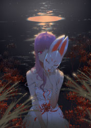 Rule 34 | 1girl, breasts, cleavage, dress, grass, hand up, highres, holding, holding mask, lake, long hair, looking at viewer, mask, medium breasts, outdoors, purple hair, rabbit mask, red eyes, ringed eyes, ryota-h, smile, solo, strap slip, sundress, white dress