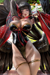 Rule 34 | 1girl, 2020, artist name, black hair, black leotard, black wings, blush, breasts, brown eyes, dead or alive, dead or alive 5, feathered wings, female focus, groin, hand fan, highleg, highleg leotard, hime cut, large breasts, leotard, licking lips, lips, lipstick, long hair, makeup, nyotengu, pom pom (clothes), shiny clothes, signature, solo, tecmo, thigh strap, thighlet, thighs, tongue, tongue out, wings, zumi (zumidraws)