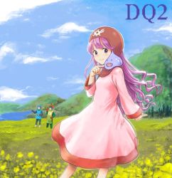 Rule 34 | 1girl, 2boys, blush, breasts, closed mouth, cloud, commentary request, curly hair, dragon quest, dragon quest ii, dress, flower, hood, hood up, konoe (fogtracks), long hair, looking at viewer, monster, mountain, multiple boys, ocean, prince of lorasia, prince of samantoria, princess, princess of moonbrook, purple eyes, purple hair, robe, sky, slime (dragon quest), small breasts, smile, spiked hair, standing, weapon