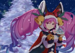 Rule 34 | 1girl, bell, blue hair, blurry, blurry background, breasts, cape, christmas, christmas tree, cleo (dragalia lost), commentary request, cream cod, dark, dragalia lost, fur trim, gradient hair, hat bell, holding, hood, large breasts, light, light particles, long hair, looking at viewer, multicolored hair, night, night sky, pink eyes, pink hair, puffy sleeves, santa costume, sky, smile, snow, snow globe, snowflakes, solo, tree, twintails, upper body, very long hair