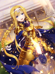 Rule 34 | &gt;:o, 1girl, :o, alice zuberg, armor, armored dress, blonde hair, blue cape, blue dress, blue eyes, blush, braid, breastplate, cape, commentary request, dress, dutch angle, female focus, floating hair, gabiran, gauntlets, glowing, glowing sword, glowing weapon, gold armor, hair between eyes, hair intakes, hair ornament, hairband, holding, holding sword, holding weapon, long hair, looking at viewer, open mouth, outdoors, outstretched arm, round teeth, serious, sidelocks, single braid, solo, standing, statue, sword, sword art online, sword art online: alicization, teeth, upper teeth only, v-shaped eyebrows, very long hair, weapon, white hairband