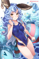 Rule 34 | 10s, 1girl, animal ears, blue hair, blush, breasts, brown eyes, clenched hands, competition swimsuit, covered navel, earrings, erune, ferry (granblue fantasy), granblue fantasy, highleg, highleg swimsuit, jewelry, long hair, looking at viewer, one-piece swimsuit, solo, super zombie, swimsuit, twitter username, very long hair, wading, water, wavy hair