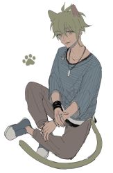 Rule 34 | 1boy, amami rantaro, animal ears, antenna hair, brown pants, cat boy, cat ears, cat tail, collarbone, commentary, danganronpa (series), danganronpa v3: killing harmony, ear piercing, green eyes, green hair, hair between eyes, jewelry, laaaicha, long sleeves, looking at viewer, male focus, necklace, open mouth, pants, paw print, paw print background, piercing, ring, shirt, shoes, short hair, simple background, sitting, solo, striped clothes, striped shirt, tail, white background