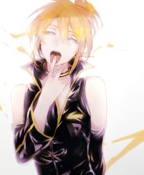 Rule 34 | 1boy, artist name, bare shoulders, blonde hair, blue eyes, choker, detached sleeves, eyelashes, half-closed eyes, kagamine len, licking, male focus, nail polish, open mouth, project diva, project diva (series), project diva 2nd, punkish (module), saegome, saliva, saliva trail, shirt, short ponytail, simple background, sleeveless, sleeveless shirt, solo, tongue, tongue out, upper body, v-neck, vocaloid, white background, yellow nails
