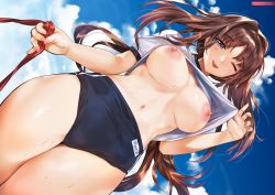 Rule 34 | 1girl, ;p, absurdres, blue buruma, blue sky, blush, breasts, breasts apart, breasts out, brown hair, buruma, clothes lift, clothes pull, cloud, day, from below, gym shirt, gym uniform, hair intakes, highres, holding, holding ribbon, large breasts, lifted by self, long hair, looking at viewer, maria (ogino atsuki), melonbooks, mole, mole under eye, nail polish, navel, nipples, no bra, one eye closed, original, outdoors, pink nails, pulled by self, purple eyes, red ribbon, ribbon, shirt, shirt lift, shirt pull, short sleeves, sidelocks, sky, smile, solo, stomach, sweat, tongue, tongue out, white shirt, yanyo (ogino atsuki)