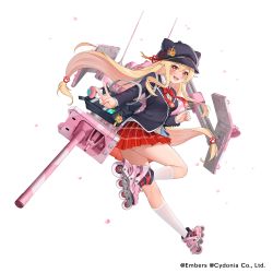 Rule 34 | 1girl, absurdres, ash arms, blonde hair, blush, cannon, commentary request, cromwell (ash arms), fukuro daizi, hair ornament, hat, highres, long hair, open mouth, petals, ribbon, school uniform, skates, solo, standing, v, white background