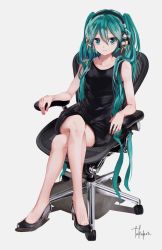 Rule 34 | 1girl, aqua eyes, aqua hair, armrest, bare shoulders, black dress, black footwear, chair, collarbone, commentary, crossed legs, dress, english commentary, grey background, hatsune miku, headphones, high heels, highres, long hair, looking at viewer, office chair, signature, sitting, sleeveless, sleeveless dress, smile, solo, swivel chair, takepon1123, toe cleavage, twintails, very long hair, vocaloid