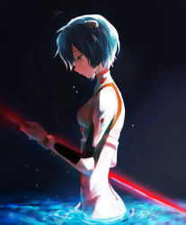 Rule 34 | 1girl, ayanami rei, blood, blood on clothes, blue hair, bodysuit, breasts, from side, hair ornament, highres, impaled, interface headset, lance of longinus (evangelion), looking down, neon genesis evangelion, orange eyes, partially submerged, plugsuit, short hair, small breasts, solo, suicide, water drop, yokoyama himena
