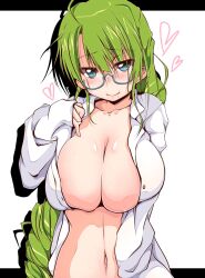 Rule 34 | 1girl, bespectacled, blue-framed eyewear, blue eyes, blush, braid, breasts, cleavage, closed mouth, glasses, green hair, heart, highres, kanbayashi chiko, kantai collection, large breasts, long hair, long sleeves, looking at viewer, mole, mole under mouth, naked shirt, navel, open clothes, open shirt, semi-rimless eyewear, shirt, single braid, sleeves past wrists, smile, solo, under-rim eyewear, upper body, very long hair, white shirt, yuugumo (kancolle)