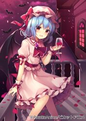 Rule 34 | 1girl, against railing, arm up, bat (animal), bat wings, blue hair, blush, bow, brooch, cloud, cup, dress, drinking glass, fang, feet out of frame, frilled shirt, frilled shirt collar, frilled sleeves, frills, gem, hat, hat ribbon, holding, holding cup, jewelry, looking at viewer, mob cap, nail polish, night, open mouth, petals, pink dress, puffy short sleeves, puffy sleeves, purple gemstone, railing, red bow, red eyes, red nails, red ribbon, red sky, remilia day, remilia scarlet, ribbon, rose petals, ruhika, sash, shirt, short hair, short sleeves, sky, smile, socks, solo, standing, touhou, white socks, window, wine glass, wings, wrist cuffs