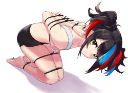 Rule 34 | 1girl, absurdres, arms behind back, artist request, barefoot, bdsm, blue hair, bondage, bound, brown hair, cable tie, check artist, chimu xingcheng, commission, fate/grand order, fate (series), feet, grin, highres, leaning forward, looking at viewer, multicolored hair, red hair, reverse prayer, sei shounagon (fate), sei shounagon (swimsuit berserker) (fate), skindentation, smile, thumbcuffs, toecuffs, white background, yellow eyes