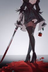 Rule 34 | 1girl, 2b (nier:automata), back cutout, black dress, black footwear, black gloves, black thighhighs, blood, bloody weapon, boots, chinese commentary, clothing cutout, commentary, cross-laced footwear, crossed legs, dress, elbow gloves, feather-trimmed sleeves, flower, from below, gloves, head out of frame, high heels, highres, holding, holding flower, holding sword, holding weapon, ikooto111, implied death, juliet sleeves, katana, legs, long sleeves, lower body, median furrow, nier:automata, nier (series), pool of blood, print dress, puffy sleeves, red flower, red petals, red rose, rose, short dress, shoulder blades, side slit, skindentation, solo, sword, tassel, thigh boots, thighhighs, two-tone gloves, virtuous contract, watson cross, weapon, white gloves
