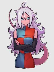 Rule 34 | 1girl, android 21, black sleeves, blue eyes, breasts, checkered clothes, checkered dress, closed mouth, colored skin, crossed arms, detached sleeves, dragon ball, dragon ball fighterz, dress, grey background, hair between eyes, kemachiku, long hair, majin android 21, medium breasts, pink skin, pointy ears, simple background, solo, tail, white hair