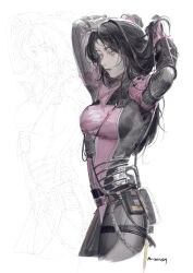 Rule 34 | 1girl, absurdres, alternate hairstyle, apex legends, black bodysuit, black gloves, black hair, bodysuit, cable, expressionless, gloves, grey lips, highres, holding own hair, kurikabacha, long hair, looking down, no pupils, pale skin, pink bodysuit, pink gloves, solo, two-tone bodysuit, two-tone gloves, void specialist wraith, white background, white eyes, wraith (apex legends)