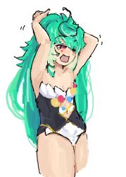Rule 34 | 1girl, absurdres, ahoge, armpits, arms up, breasts, cleavage, clothing cutout, coni confetti, cowboy shot, facial mark, green hair, hair between eyes, hair down, heart, heart ahoge, highres, idol corp, leotard, long hair, motion lines, navel, navel cutout, open mouth, pink eyes, simple background, small breasts, solo, sorathwack, tears, thighs, virtual youtuber, white background, yawning