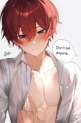Rule 34 | 2boys, abs, alticute, alticute (vtuber), blush, closed mouth, english text, hair between eyes, highres, indie virtual youtuber, male focus, multiple boys, muscular, muscular male, open clothes, open shirt, red eyes, red hair, short hair, speech bubble, wet, yaoi