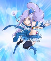 Rule 34 | 00s, 1girl, aono miki, berry sword, black thighhighs, blue background, blue footwear, blue skirt, blue thighhighs, boots, choker, cure berry, drill hair, earrings, eyelashes, fresh precure!, frilled skirt, frills, gradient background, hair ornament, hairband, happy, heart, heart hair ornament, high heels, highres, jewelry, knee boots, long hair, looking at viewer, magical girl, midriff, navel, ponytail, precure, purple eyes, purple hair, ribbon, say (sakabin), shirt, side ponytail, skirt, smile, solo, thighhighs, thighs, very long hair, wrist cuffs, zettai ryouiki