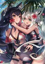 Rule 34 | 2girls, ahoge, animal ear fluff, animal ears, bikini, black hair, black jacket, blue nails, blush, braid, breasts, cleavage, commentary request, earrings, flower, fox ears, fox girl, fox tail, green eyes, hair between eyes, hair flower, hair ornament, hand on another&#039;s shoulder, harukayu yu, highres, holding, hololive, jacket, jewelry, long hair, looking at another, medium breasts, miochun, multiple girls, ookami mio, ookami mio (hololive summer 2019), open clothes, open jacket, open mouth, outdoors, palm tree, petals, red hair, red nails, shirakami fubuki, shirakami fubuki (beachside fox), sidelocks, single braid, smile, swimsuit, tail, tail around own leg, tree, virtual youtuber, white bikini, white hair, wolf ears, wolf girl, wolf tail, yellow eyes