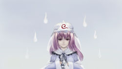 Rule 34 | 1girl, alternate hair length, alternate hairstyle, bad id, bad pixiv id, eyebrows, grey background, hands up, hat, highres, hitodama, japanese clothes, kimono, lantern, light smile, lips, long hair, long sleeves, looking at viewer, mob cap, nose, purple eyes, purple hair, saigyouji yuyuko, simple background, solo, touhou, triangular headpiece, upper body, veil, wbfm, wide sleeves