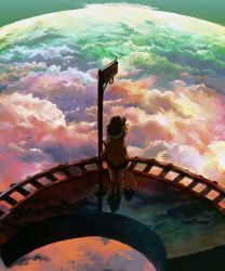 Rule 34 | 1girl, above clouds, akashia, bad id, bad pixiv id, cloud, fantasy, highres, lamppost, looking afar, original, pointing, pointing forward, rabbit, railing, solo, standing, train