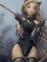 Rule 34 | 1girl, animal ears, bell, black gloves, black thighhighs, blonde hair, blood, blood on clothes, blood on face, bloody knife, brown eyes, cat ears, cat tail, crazy smile, dual wielding, elbow gloves, fangs, gloves, highres, holding, knife, leotard, long hair, looking at viewer, original, pandarou, smile, solo, tail, thighhighs, very long hair
