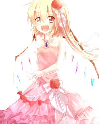Rule 34 | 1girl, :d, blonde hair, bloom, bow, brooch, dei (dirmu), dress, fangs, flandre scarlet, flat chest, flower, hair flower, hair ornament, highres, jewelry, open mouth, ornate ring, red eyes, ring, short hair, side ponytail, smile, solo, touhou, wedding dress, wedding ring, wings
