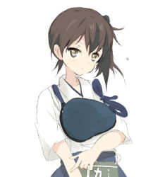 Rule 34 | 10s, 1girl, breasts, brown hair, commentary request, core (mayomayo), eyebrows, gradient eyes, japanese clothes, kaga (kancolle), kantai collection, large breasts, multicolored eyes, muneate, side ponytail, simple background, solo, tasuki, upper body, white background