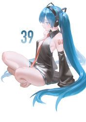 Rule 34 | 1girl, bare legs, barefoot, black shirt, blue eyes, blue hair, body writing, breasts, cleavage, collared shirt, crossed legs, detached sleeves, expressionless, full body, hatsune miku, headphones, highres, indian style, lips, long hair, looking at viewer, medium breasts, necktie, number pun, open clothes, open shirt, profile, red necktie, reoen, shirt, simple background, sitting, sleeveless, sleeves past fingers, sleeves past wrists, solo, thighs, twintails, vocaloid, white background, wide sleeves