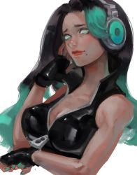 Rule 34 | 1girl, aqua eyes, aqua hair, aqua nails, bad id, bad pixiv id, bare shoulders, black gloves, black hair, breasts, brown hair, closed mouth, dark-skinned female, dark skin, fingerless gloves, fingernails, furrowed brow, gloves, hand up, headphones, horizontal pupils, humanization, large breasts, lips, long hair, looking at viewer, marina (splatoon), mole, mole under mouth, multicolored hair, nail polish, nintendo, octoling, oimo (oimkimn), personification, pink pupils, red lips, simple background, smile, solo, splatoon (series), splatoon 2, two-tone hair, upper body, very long hair, white background, zipper pull tab
