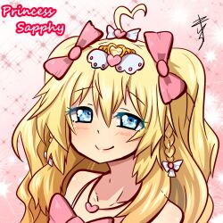 Rule 34 | 1girl, ahoge, bare shoulders, blonde hair, blue eyes, blush, bow, character name, collarbone, commentary, commentary request, crown, english commentary, hair between eyes, hair bow, hair ornament, heart, heart necklace, highres, indie virtual youtuber, jewelry, long hair, looking at viewer, maokyu, mini crown, mixed-language commentary, necklace, pink background, pink bow, portrait, sapphy stars, signature, smile, solo, sparkle background, twintails, virtual youtuber