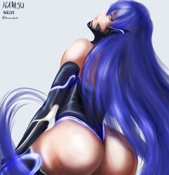 Rule 34 | 1boy, ass, bare shoulders, blue hair, elbow gloves, from behind, gloves, highres, huge ass, igarasu, leotard, long hair, looking at viewer, protagonist (smtv), shin megami tensei, shin megami tensei v, shiny skin, solo, thighhighs, thong leotard, trap, very long hair, yellow eyes