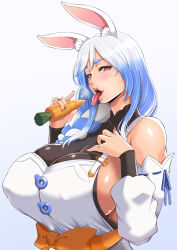 Rule 34 | 1girl, animal ear fluff, animal ears, black bodysuit, blue hair, blush, bodysuit, braid, braided ponytail, breasts, carrot, carrot hair ornament, fellatio, fellatio gesture, food, food-themed hair ornament, hair ornament, highres, holding, holding carrot, hololive, large breasts, long hair, looking at viewer, mature female, multicolored hair, open mouth, oral, oral invitation, pekomama, phallic symbol, rabbit ears, rabbit girl, red eyes, saliva, sexually suggestive, short eyebrows, simulated fellatio, solo, thick eyebrows, toguchi masaya, tongue, tongue out, two-tone hair, virtual youtuber, white hair